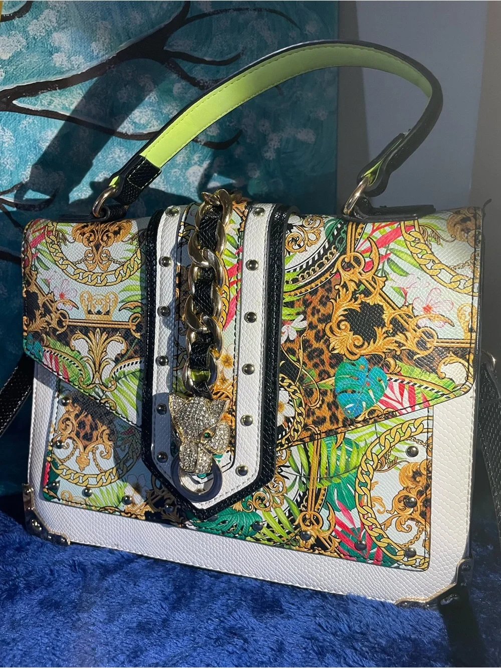 ALDO Black Messenger Bag with Multicolor Floral Trim